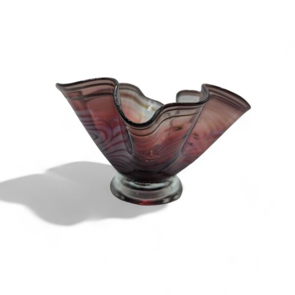 Daniel Reid Hand-Blown Glass Handkerchief Bowl 7" x 4" Tall Red and Gold Signed - Picture 3 of 13